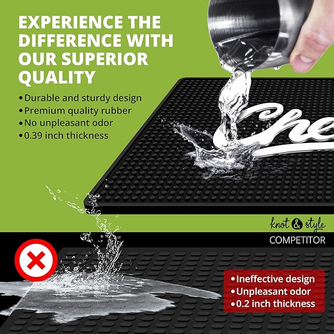 Premium Cheers Bar Mat for Home Bar - Large 18"x12" Rubber Bar Mats for Countertop - Non-Slip Bartender Mat - Drink Spill Mat for Bar Cart - Black Barmat for Cocktail Service