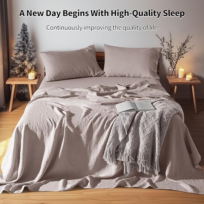 LBRO2M 100% Linen Sheet Set 16" Deep Pocket Full Size,Bed Sheets 4 Piece Sets,Solid Color Natural Flax Bed Sheets Soft Breathable Bedding, All Season (Full, Mauve Desert)