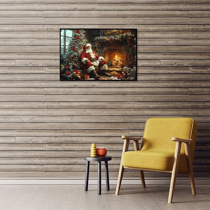 Vintage christmas wall art christmas tree gift canvas poster winter room holiday decor santa claus cozy fireplace decoration for living room bedroom black framed18x12inch