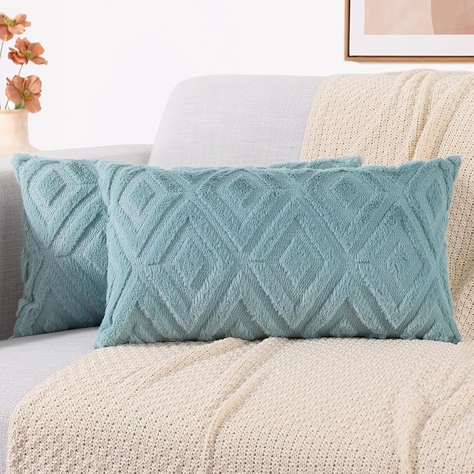 decorUhome Couch Throw Pillow Covers 12x20 Set of 2, Decorative Soft Plush Faux Wool Lumbar Neutral Accent Pillow Covers for Bed Sofa Living Room, Light Teal