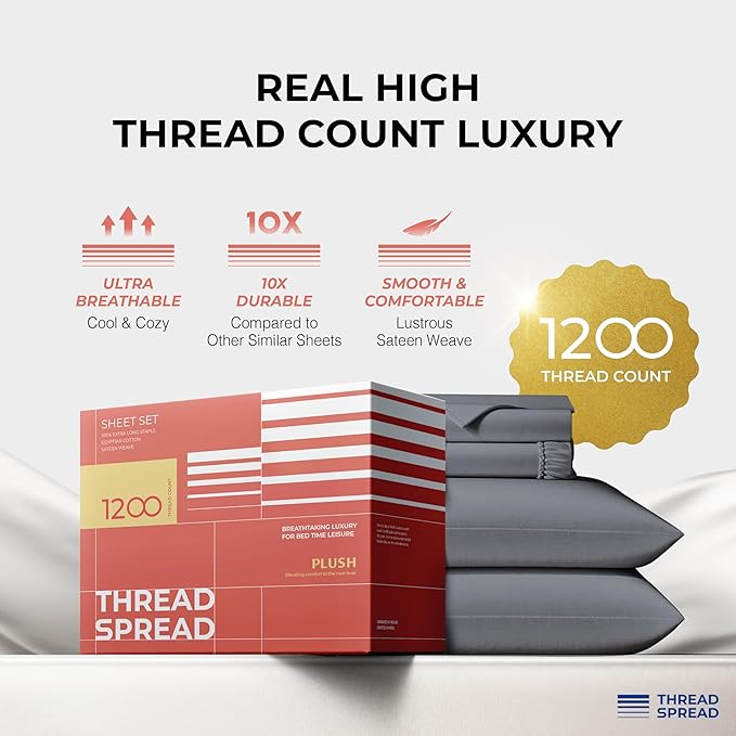 THREAD SPREAD 100% Egyptian Cotton King Size Sheets Set - Luxury 1200 Thread Count Egyptian Cotton Sheets King Size, 17" Deep Pocket, Soft, Cooling Sateen Weave Hotel Quality Bedding Set - Dark Grey