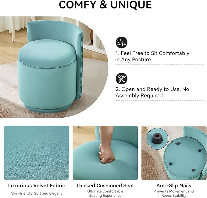Velvet Vanity Chair with Storage, 360° Swivel Makeup Chair with Wave Back, No Assembly Small Accent Stool for Bedroom, Dressing, Living Room, Teal