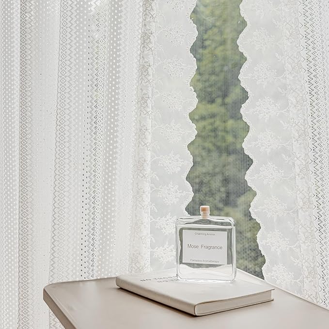 White Sheer Curtains 2 Panels – Vintage Boho Sheer Curtains for Bedroom/Kitchen, Light Filtering Rod Pocket Window Treatments with Lace Trim, Rustic Privacy Chic Drapes, 52W x 45L Inch