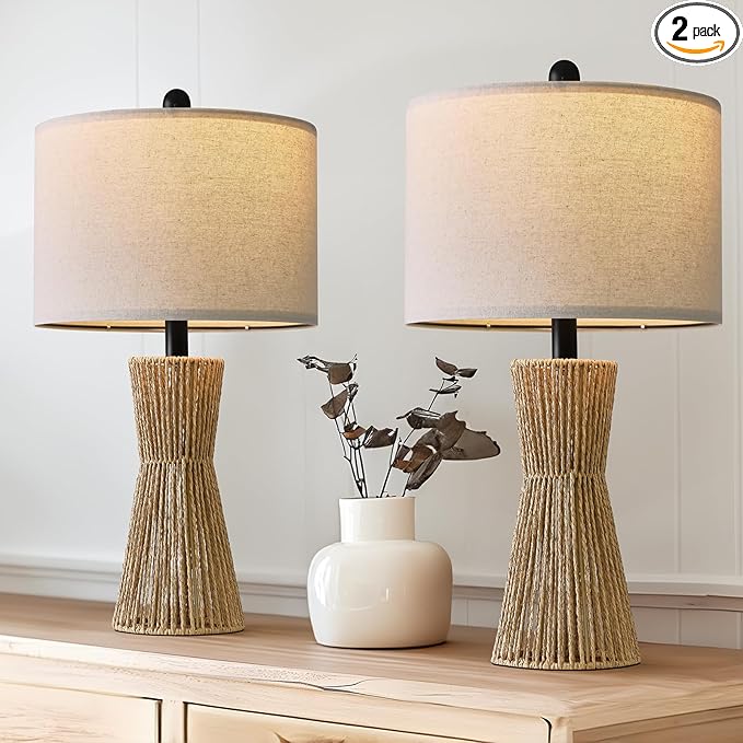 OYEARS 22.5" Table Lamps for Living Room,Boho Lamps Set of 2 for Bedrooms, Bedside Lamp for Nightstands, Rattan Lamp, Farmhouse Table Lamp for Room Decor, End Table, Retro, Brown(Not Include Bulbs)