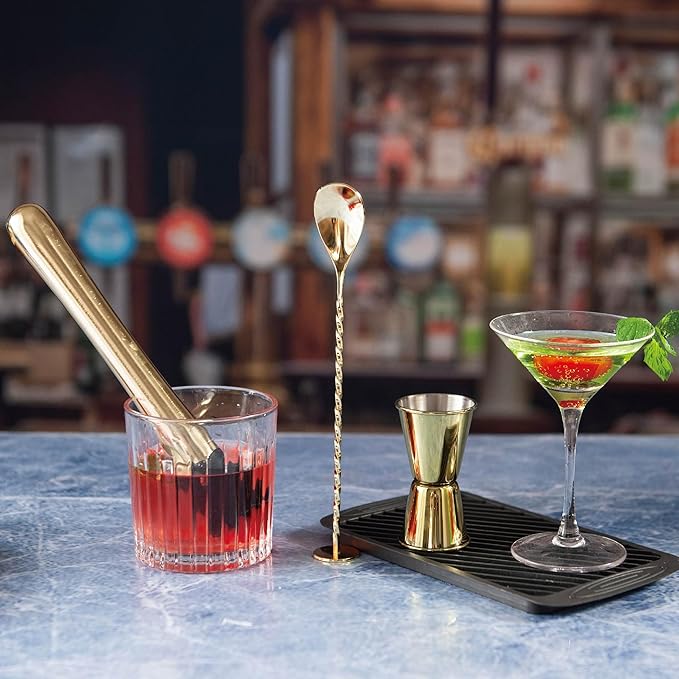 3-Pcs Gold Muddler & Mixing Tools Set, 10" Muddler, 12" Cocktail Spoon & 1 oz/2 oz Double Jigger, Bar Tool Set for Beverages