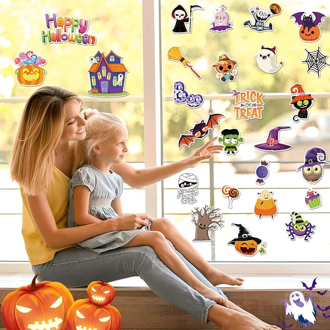 MARFOREVER 50 PCS Halloween Gel Window Clings Stickers Reusable Pumpkins Ghosts Bats Window Thick Gel Clings Decals for Kids Classroom Nursery Home Party Supplies Windows Glass Decorations