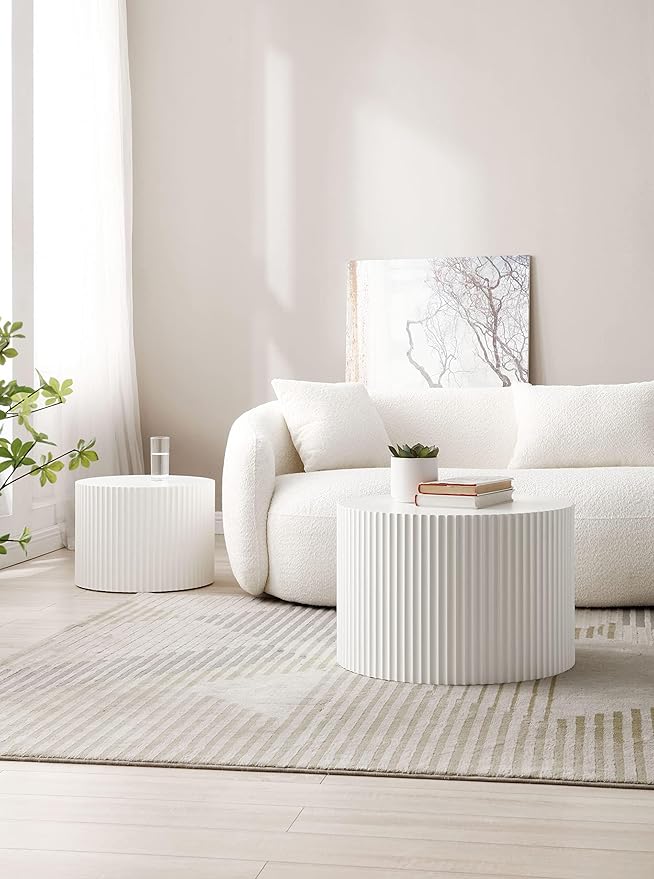 23.6" Round Coffee Table Set of 2, MDF Nesting Tables with Roman Column Design, Modern Handcrafted Wooden Drum Accent Tables for Living Room, No Assembly Required (White)