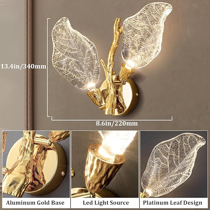 Wall Sconces, Gold Bathroom Sconces Wall Lighting with Clear Acrylic Leaf, Modern Sconces Wall Decor Wall Light fixtures for Bathroom Mirror Living Room Hallway Bedroom Stairs (1pcs,Gold)