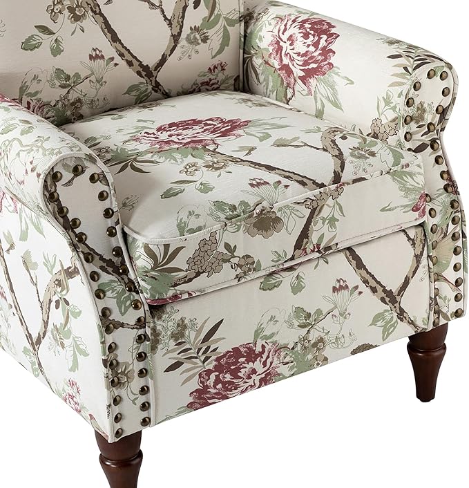 HULALA HOME Modern Wingback Accent Chair with Wood Legs & Removable Cushion, Comfy Upholstered Armchair with Nailhead Trim, Floral Pattern Sofa Chair for Bedroom Living Room, Floral