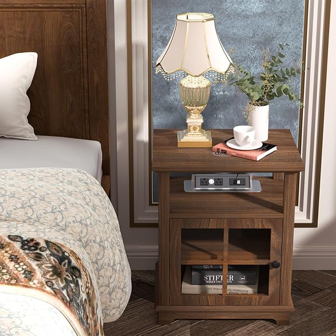 HIFYOBRO End Table with Charging Station, Adjustable Shelf & Storage, Modern Farmhouse Nightstand for Bedroom, Living Room, Office