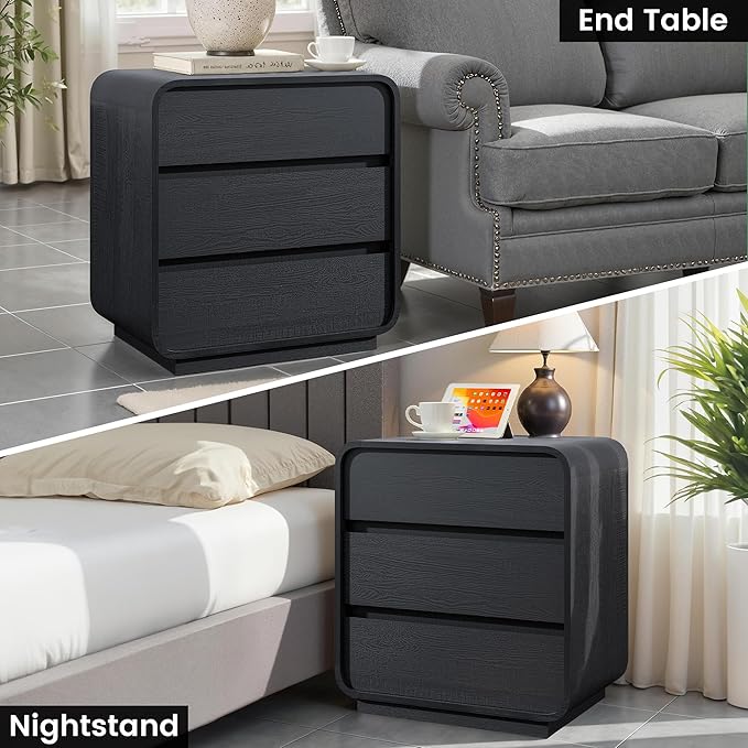 Black Night Stand Set of 2 with Charging Station, 25" Tall Wood Nightstand, Modern Dresser End Table with 3 Storage Drawers, Curved Profile, Mid Century Bedside Table for Bedroom Office