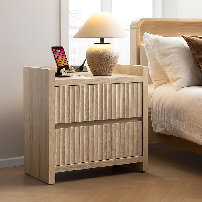 SICOTAS Fluted Night Stand Set 2 - Nightstands with Charger Station, Large Modern Bedside Table End Table with 2 Drawers, 25" Wide Farmhouse Nightstand for Bedroom (Light Oak, 2 Pieces)