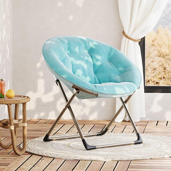 Comfy Saucer Chairs, Blue Folding Reading Lounge Chair, Cozy Faux Fur Living Room Chair with Soft Thick Padded Seat & Metal Frame, Modern Style Bedroom Home for Kids Adults, X-Large, Gold Legs