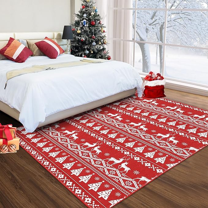 RUGSREAL 8x10 Christmas Area Rug Christmas Tree and Deer Pattern Boho Floor Cover Machine Washable Indoor Carpet Rug Decorative Non Slip Accent Rug for Kitchen Bathroom Living Room Bedroom