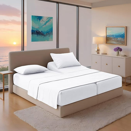 THREAD SPREAD 100% Egyptian Cotton Split King Sheets Sets for Adjustable Bed - Luxury 1200 Thread Count Sleep Number Sheets Split Top King (White), Soft, Cooling, Sateen Weave 17" Deep Pocket Sheet