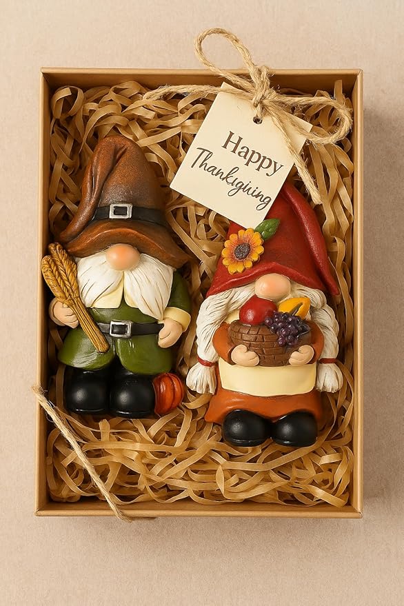 iStatue Thanksgiving Decorations Fall Gnome Figurines – 2 Pack Resin Harvest Figurines with Pumpkins, Wheat & Basket, Autumn Home Décor Accents for Table, Mantel, Shelf (Brown)