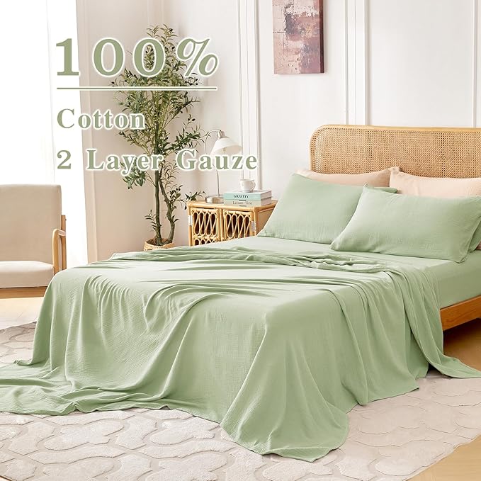 Twin Sheets Set 100% Cotton Bed Sheets Gauze 3 Pcs Sage Green Fall Line Like Sheet Set 16" Deep Pocket Twin Sheet & Pillowcase Sets Boho Muslin Soft All Season Bedding Sets Easy Care