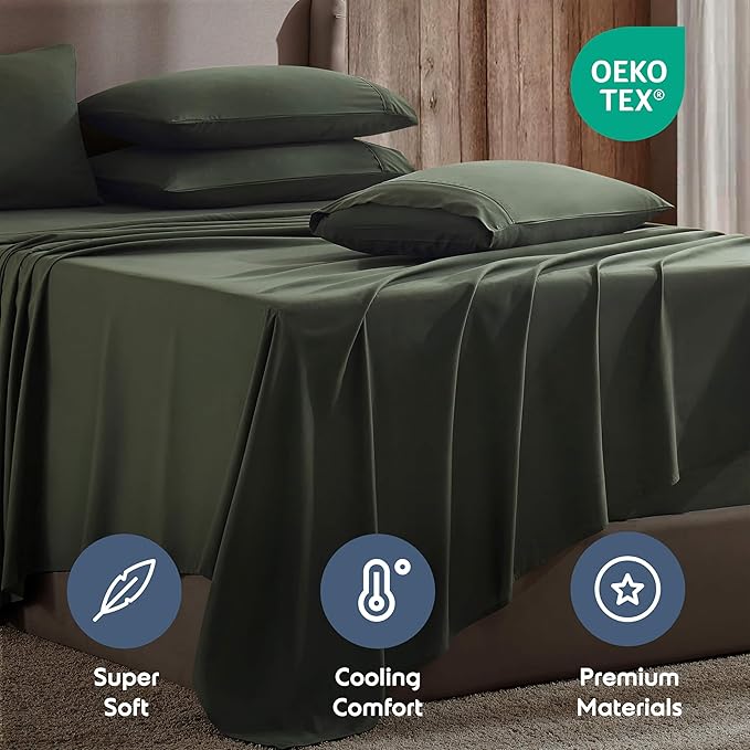 Nestl Extra Deep Queen Sheet Set - 6 Piece Breathable & Cooling Sheets - Hotel Luxury Bedding Set w/18-24 Inch Deep Pockets - Easy & Secure Fit - Super Soft, Wrinkle Free & Comfy - Olive Green