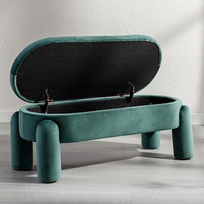DUOMAY Velvet Storage Ottoman Bench, Upholstered Fabric Storage Bench End of Bed Stool for Bedroom Living Room Entryway, 44.75" Width, Green