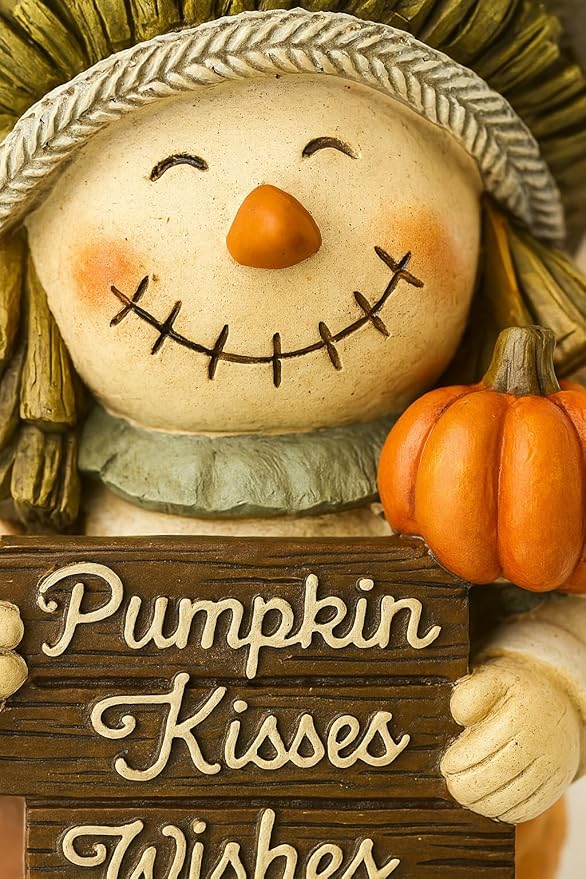 iStatue Thanksgiving Decorations Fall Scarecrow Figurines – 2 Pack 5.5‘’ Resin Harvest with Pumpkins & Signs, Autumn Home Décor Accents for Table, Shelf, Fireplace and Entryway (Beige)