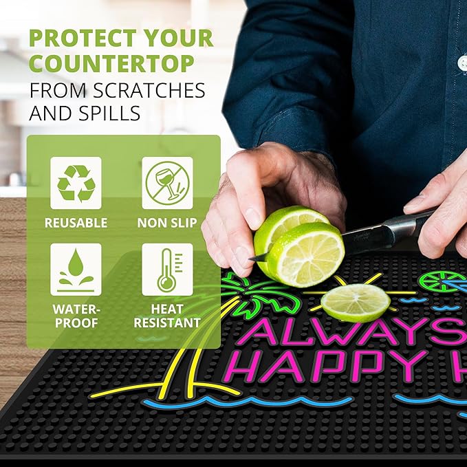 Premium Quality Always Happy Hour Bar Mat, Tiki Bar Mat for Bartending 18x12, Outdoor Tiki Bar Decor, Durable Bar Mats for Countertop, Drying Mat for Home Bar, Perfect Home Bar Accessories Xmas Gift