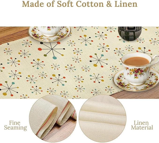 Mid Century Modern Table Runner, Retro 1950s 60s Abstract Style Colorful Geometric Atomic Coffee Table Center Decor for Home Kitchen Dining Patio Holiday Party Table Decorations 13x72 inches