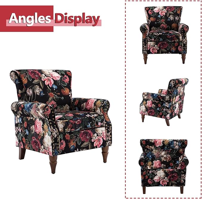 HULALA HOME Modern Wingback Accent Chairs Set of 2 with Wood Legs & Removable Cushion, Comfy Upholstered Armchairs with Nailhead Trim, Floral Pattern Single Sofa Chairs for Living Room Bedroom, Black