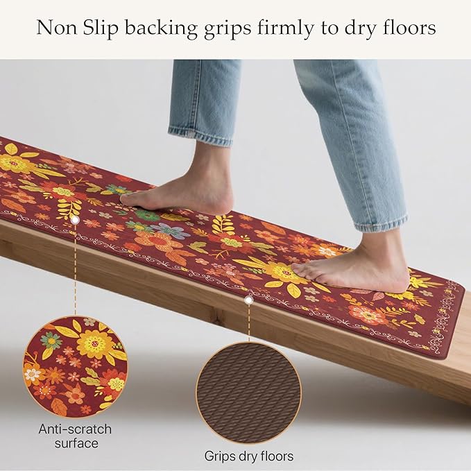GENIMO Kitchen Mats for Floor 2PCS, Cushioned Kitchen Rugs Non Slip Washable, Farmhouse Anti Fatigue Mat Waterproof, Comfort Standing Mat Rug for Office, Home, Laundry, 17.3"x47"+17.3"x30", Red