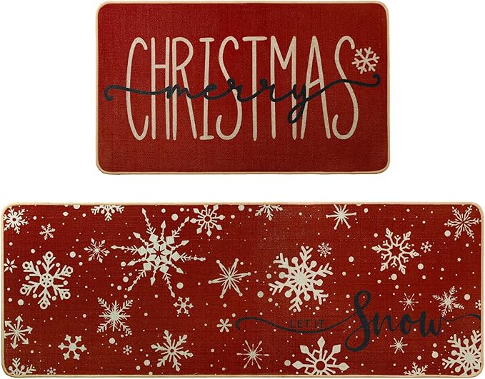 Snowflake Christmas Kitchen Mats Set of 2, Red Merry Christmas Let It Snow Winter Holiday Home Decor Kitchen Rugs for Floor 17x29 and 17x47 Inch