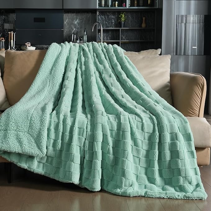Pawque Super Soft Cozy Throw Blanket Queen Size for Couch Bed, Fluffy Sherpa Fleece Reversible Thick Warm Fuzzy Blanket for All-Season, 3D Checkered Jacquard Decorative Blankets, Sage Green, 90"x90"