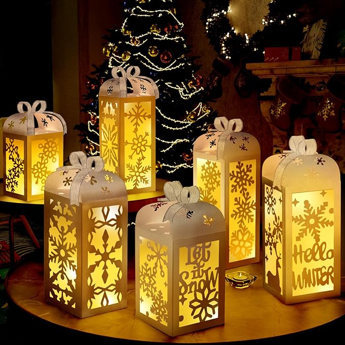 OuMuaMua Christmas Centerpiece Table Decorations, 6Pcs Light Up White Snowflake Paper Lanterns Decorative Glitter Table Centerpiece Boxes for Winter Wonderland Christmas Holiday Party Home Decor