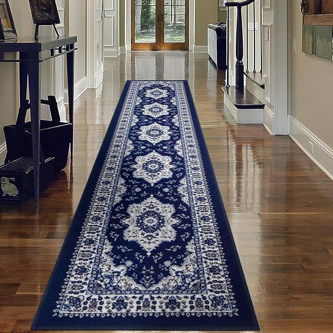Antep Rugs Alfombras Oriental Traditional 2x10 Non-Skid (Non-Slip) Low Profile Pile Rubber Backing Indoor Runner Rugs (Navy Blue, 2' x 10')