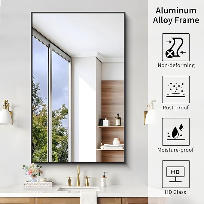KOCUUY Black Rectangle Mirror, 30"x48" Bathroom Mirrors for Over Sink, Large Black Wall Mounted Mirror, Metal Framed Mirror for Wall, Vanity Mirror for Bathroom Living Room Bedroom Dining Room