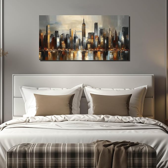 GUGIKA City Wall Art for Living Room, Gold and Grey Wall-Decor for Bedroom, Modern Cityscape Poster Canvas Print, Size 48 x 24 Inches