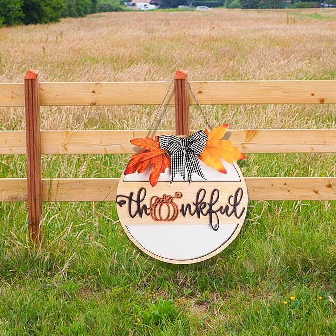 Thanksgiving Wood Sign for Front Door,Thankful Fall Door Hanging Decor,Thanksgiving Decorations Autumn Wooden Wall Decor for Thanksgiving Fall Harvest Home Farmhouse Outdoor Indoor(Maple Leaf wreath)