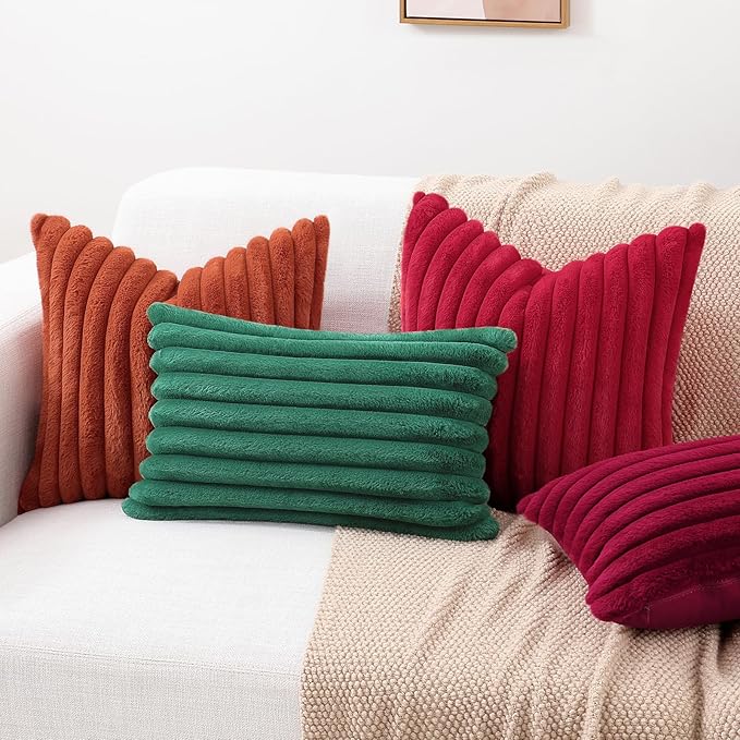 decorUhome Faux Fur Christmas Throw Pillow Covers 20x20 Set of 2, Decorative Soft Plush Striped Neutral Couch Euro Pillow Covers with Velvet Back for Sofa, Bed, Living Room Home Decor, Christmas Green