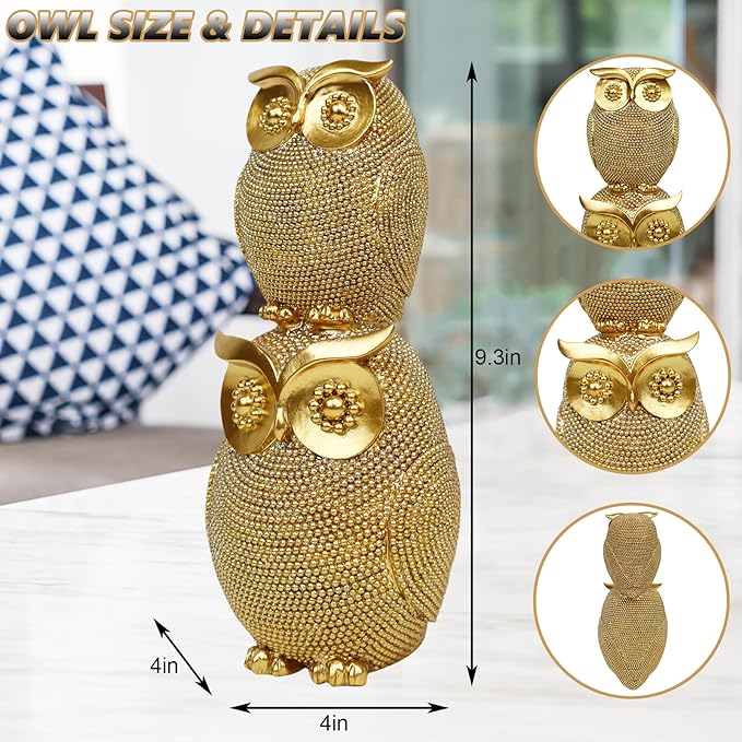 Stack Owl Statue for Home Decor, Elegant Resin Owl Figurine Collection, Unique Gift for Housewarming/Office/Christmas (9.3", Gold Glitter)