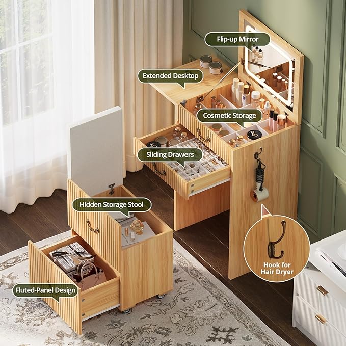 FURSUN 3-in-1 Vanity with Flip Mirror & Lights, Fluted Compact Vanity Table with 3 Drawers, Storage Compartment and Rolling Stool, Modern Small Makeup Vanity for Bedroom, Powder Room, Natural Oak