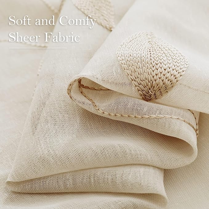 HOMEIDEAS Taupe Sheer Curtains 52 x 54 Inch Length 2 Panels Beige Embroidered Leaf Pattern Short Curtains for Bedroom Half Small Window Rod Pocket Kitchen