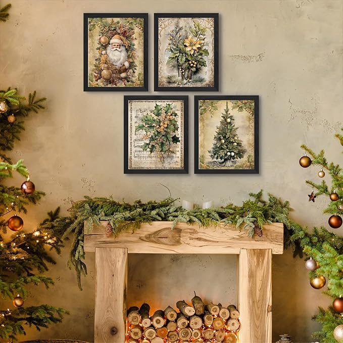 JXREQ Vintage Christmas Pictures Wall Decor Prints,Purple Christmas Wall Art Decorations for Home Kitchen Bedroom Bathroom Living Room Office,Santa Claus Xmas Tree Decor Prints Set of 4,8x10 Unframed