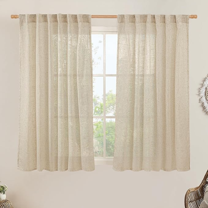 LAMIT Semi Sheer Linen Curtains 45 Inches Long 2 Panels, Light Filtering Panels Back Tab and Rod Pocket Neutral Drapes for Kitchen/Window/Bedroom, 52 x 45 Inch