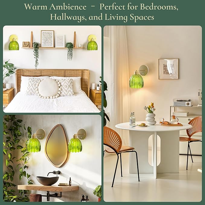 Vintage Battery Operated Wall Sconces Set of 2, 5200mAh Wireless Rechargeable Wall Lamps with Green Glass Tulip Lampshade, Cordless Wall Mounted Lights for Bedroom Vanity Living Room