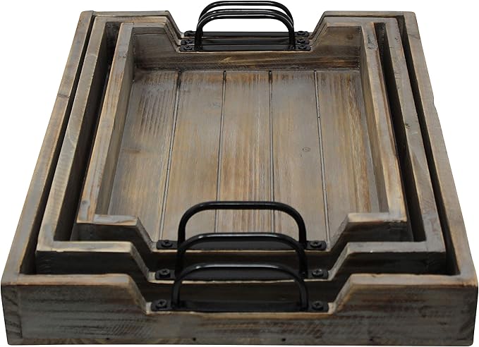 3 Piece Decorative Nested Vintage Wood Serving Tray Set for Coffee Table or Ottoman – Rustic Wooden Breakfast Trays for Kitchen, Dining Room, or Living Room – Farmhouse Platter w/Handles - Barnwood