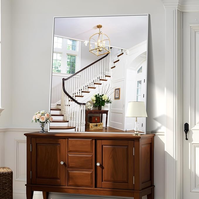 KOCUUY Silver Bathroom Mirror, 40"x48" Large Rectangular Mirror with Metal Frame, Brushed Nickel Vanity Mirror with Modern Design for Bathroom, Living Room, Entryway, Hang Horizontal/Vertical