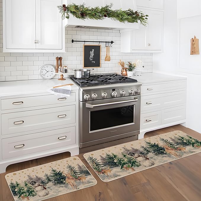 Christmas Snowman Reindeer with Scarf Decorative Kitchen Rugs Set of 2, Seasonal Winter Welcome Xmas Home Decor Low-Profile Kitchen Mats for Floor - 17x29 and 17x47 Inch