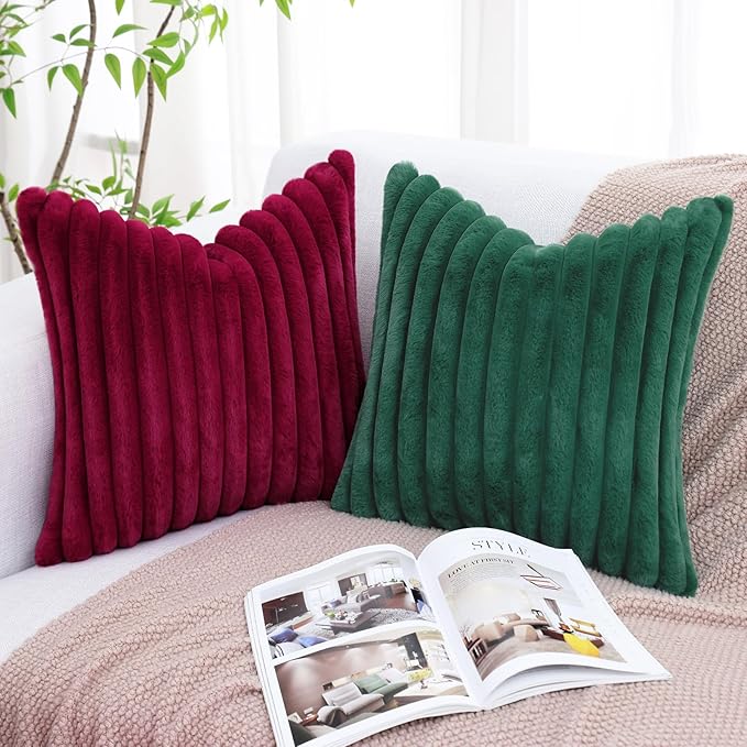 decorUhome Faux Fur Christmas Throw Pillow Covers 24x24 Set of 2, Decorative Soft Plush Striped Neutral Couch Euro Pillow Covers with Velvet Back for Sofa, Bed, Living Room Home Decor, Burgundy