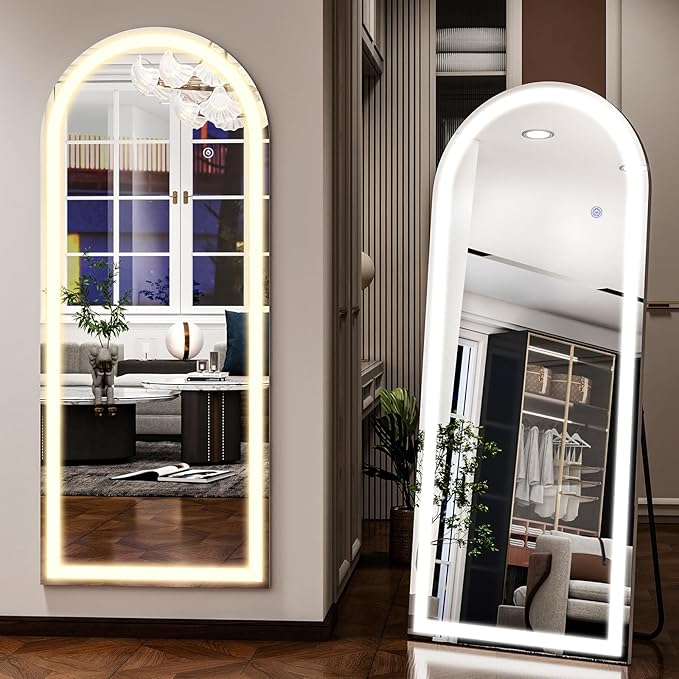 26x65 inch Full Length Mirror with Lights, LED Lighted Floor Standing, Hanging Full Length with Stand, Full Body Dressing Mirror with Dimmable 3 Color LED