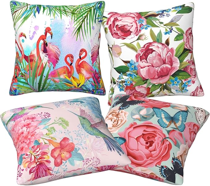 Tropical Flamingos and Pink Flower Throw Pillow Covers Set of 4 18x18 Inches Butterfly Floral Peonies Decorative Pillow Cases Home Decor Colorful Pillowcases