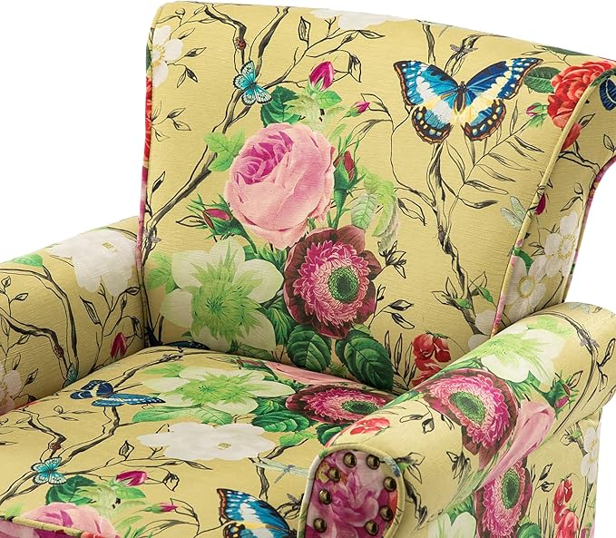 HULALA HOME Modern Wingback Accent Chairs Set of 2 with Wood Legs & Removable Cushion, Comfy Upholstered Armchairs with Nailhead Trim, Floral Pattern Sofa Chairs for Bedroom Living Room, Mustard