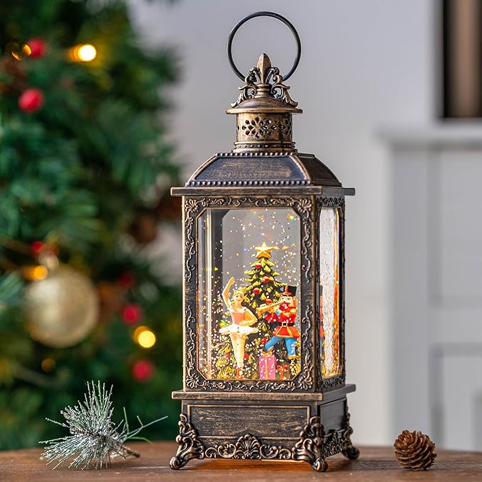 Christmas Snow Globe Nutcracker Lantern, Musical Lighted Nutcracker & Ballerina Water Lantern Swirling Glittering Home Decoration and Gift, Battery Operated or USB Powered